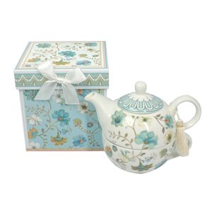 Porcelánová čajová kanvička so šálkou Modré kvetiny v darčekovej krabičke