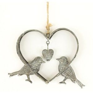Závesná kovová dekorácia Heart with birds, 14 cm