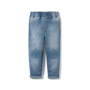 Detské navliekacie džínsové nohavice, s výšivkou domčeka